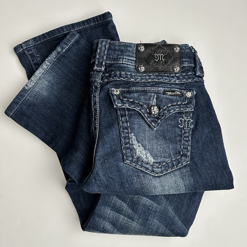 Miss Me Bootcut Jeans Women's Size 28 Dark Wash Low Rise Rhinestone Flap Pockets